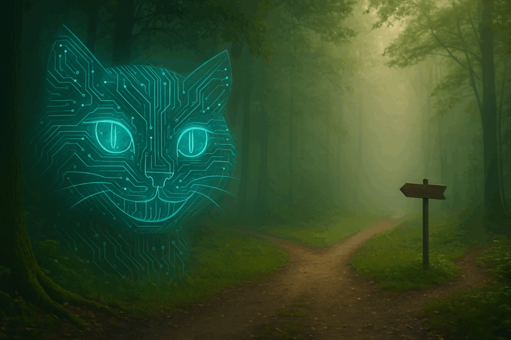 Digital Cheshire Cat made of circuits hovers over a forest fork, symbolizing AI guiding nonprofit strategy.