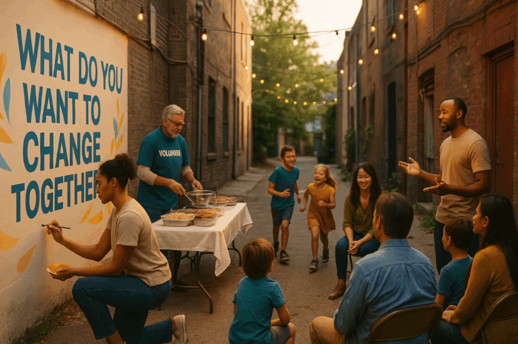 Community members gathered in a sunlit park participating in a nonprofit event—painting, sharing food, and listening to a speaker—symbolizing shared experience and grassroots movement-building.