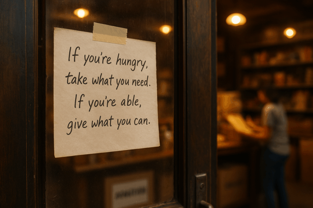 A handwritten note offering food help on a pantry door, symbolizing authentic, emotional nonprofit communication.