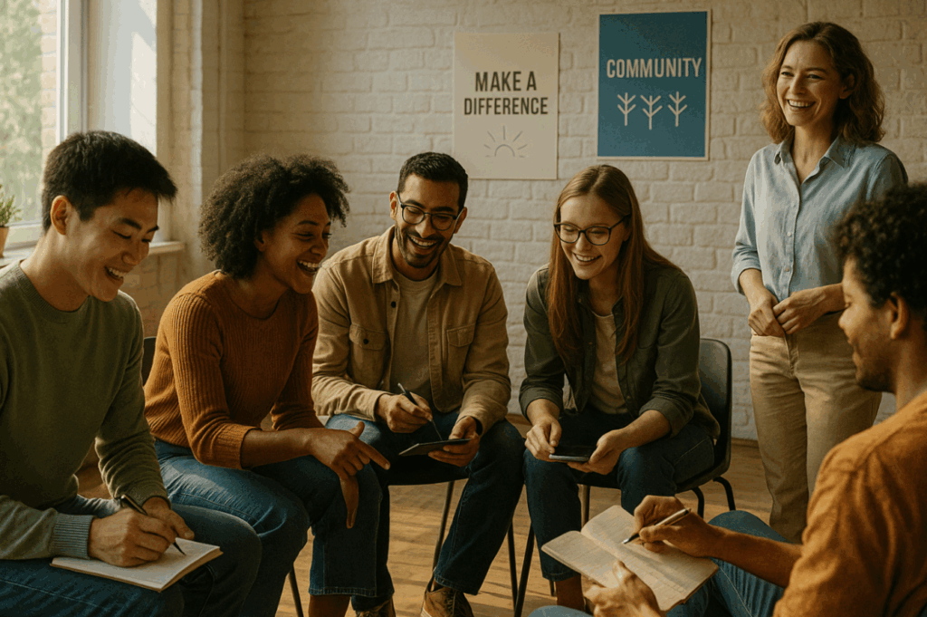 Diverse young adults engaged in a nonprofit-led workshop, sharing ideas and taking notes, while a facilitator listens—illustrating leadership through empowerment.