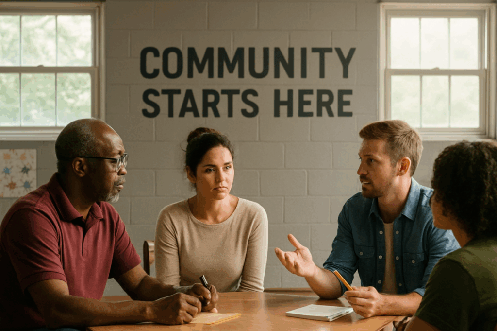 Community members in a circle, sharing ideas and listening intently—symbolizing emotional focus and grassroots momentum.
