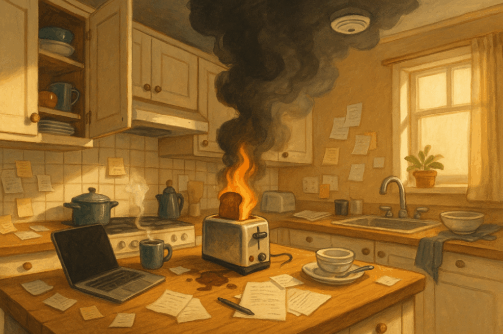 A cluttered home kitchen with burnt toast smoking in a toaster, scattered papers, and a laptop on the counter—symbolizing nonprofit communication overload.
