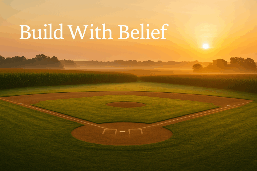 A freshly mowed, empty baseball field emerges from a cornfield at sunrise. Soft golden light casts long shadows across the grass, evoking calm possibility and quiet readiness.