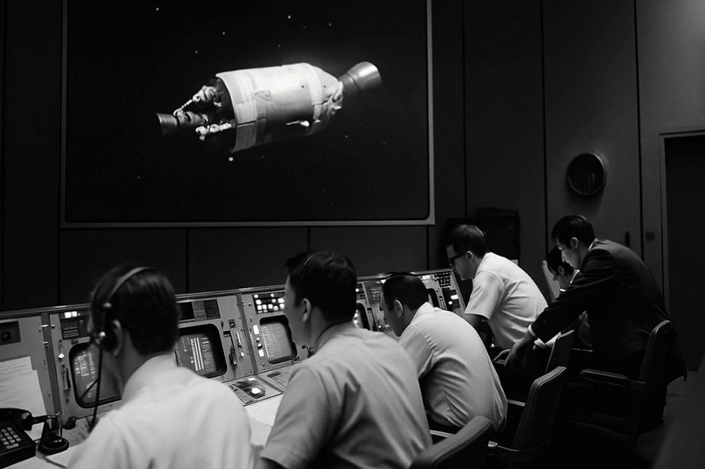 NASA engineers at Mission Control during the Apollo 13 crisis, monitoring the damaged spacecraft—symbolizing clarity, teamwork, and the need for practical tools in high-pressure situations.
