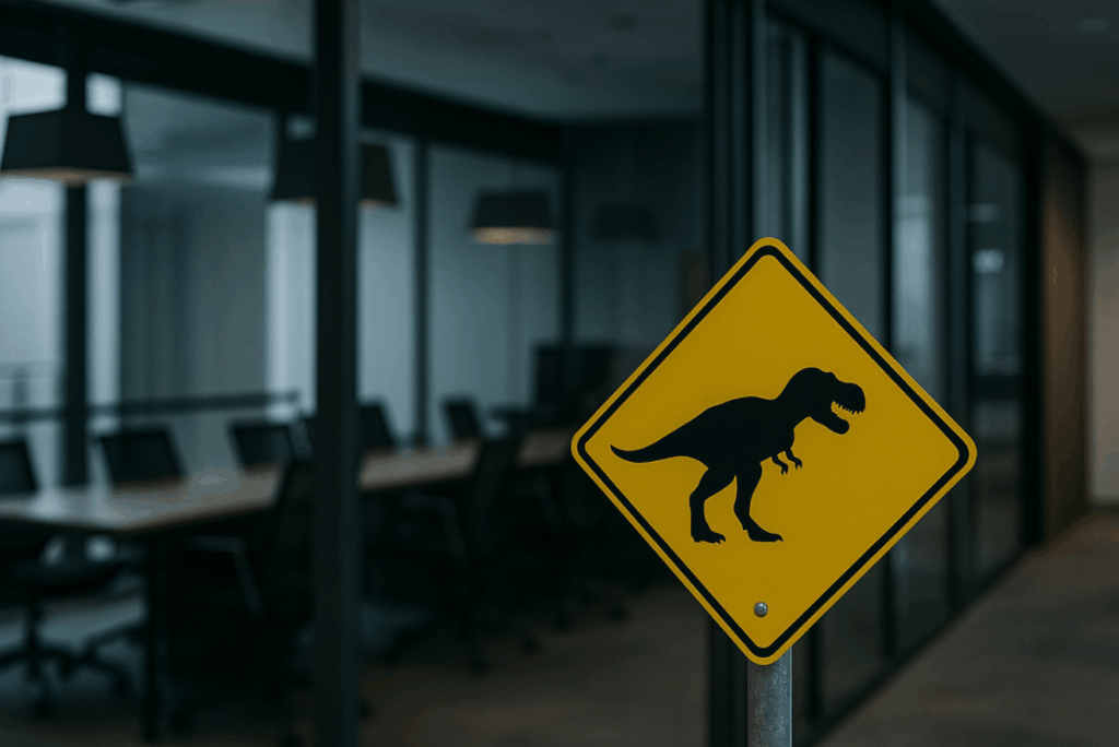A dinosaur crossing warning sign inside a modern office environment, symbolizing the caution needed when implementing AI tools in nonprofit settings.