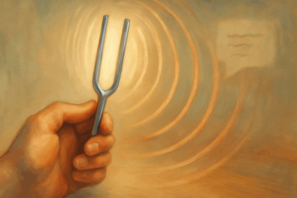A semi-realistic illustration of a hand holding a vibrating tuning fork. Concentric sound waves ripple outward across a wooden desk. A faint sticky note and text fragment appear in the background. Symbolizes nonprofit brand voice clarity.