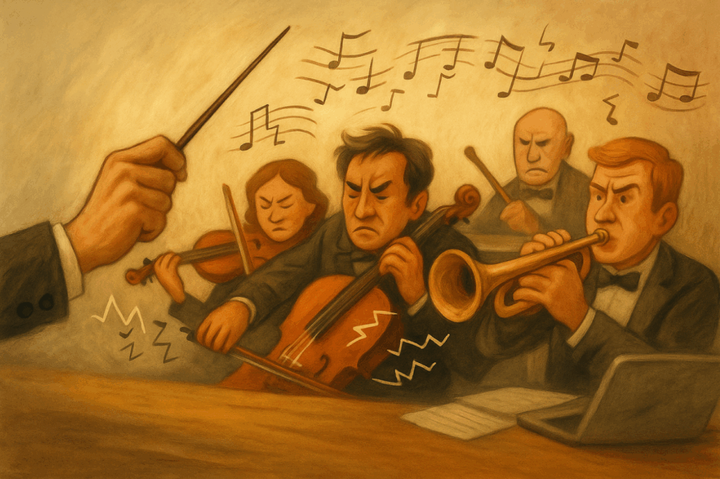 An orchestra of nonprofit team members playing out of sync—violinist, trumpet player, and percussionist—while a conductor raises a baton to align them. Musical notes float above as symbols of misaligned communication.