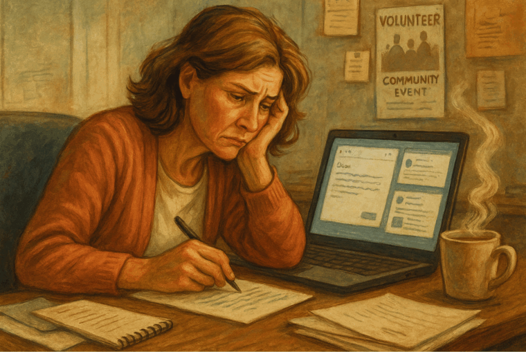 A frazzled nonprofit professional in her 40s sitting at her desk with a laptop open, one hand holding her head in frustration and the other on the keyboard, surrounded by papers and a coffee cup in a small office with community posters in the background.