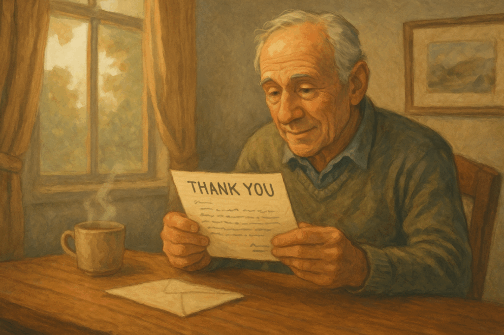 A traditional-style, semi-realistic, painterly illustration in a wide horizontal format. A donor in their mid-60s sits at a kitchen table, reading a thank-you letter with a warm, appreciative expression. On the table are a coffee mug and a pair of reading glasses. The scene is softly lit with muted earth tones, evoking trust, gratitude, and connection.