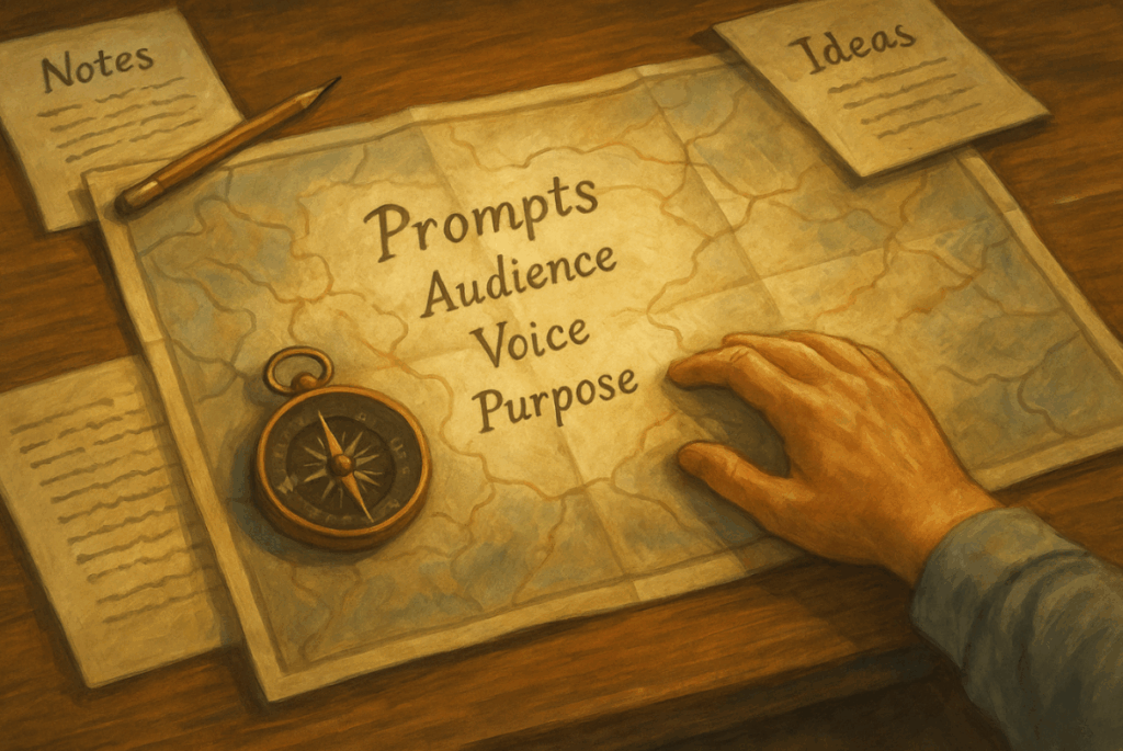 A painterly, semi-realistic illustration in a wide horizontal format. A wooden desk is covered with a map, a brass compass, and handwritten notes. A person’s hand rests on the map as if charting a path. Warm golden light and muted earth tones create a sense of clarity, guidance, and direction.
