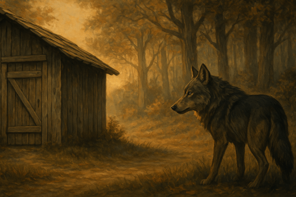 A semi-realistic, painterly illustration of a wolf approaching a weathered wooden shed in a quiet, forested clearing at sunset. The warm golden light and shadowy trees create a sense of tension and reflection, symbolizing hidden communication risks for small nonprofits.