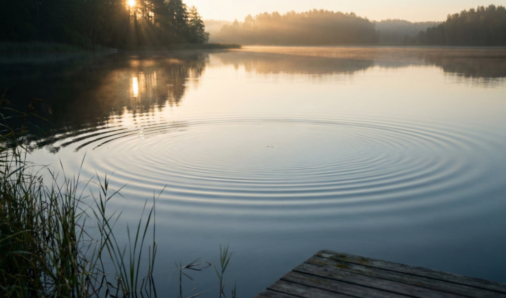 Gentle ripples spreading across calm water in soft morning light, capturing a quiet moment after movement has passed.