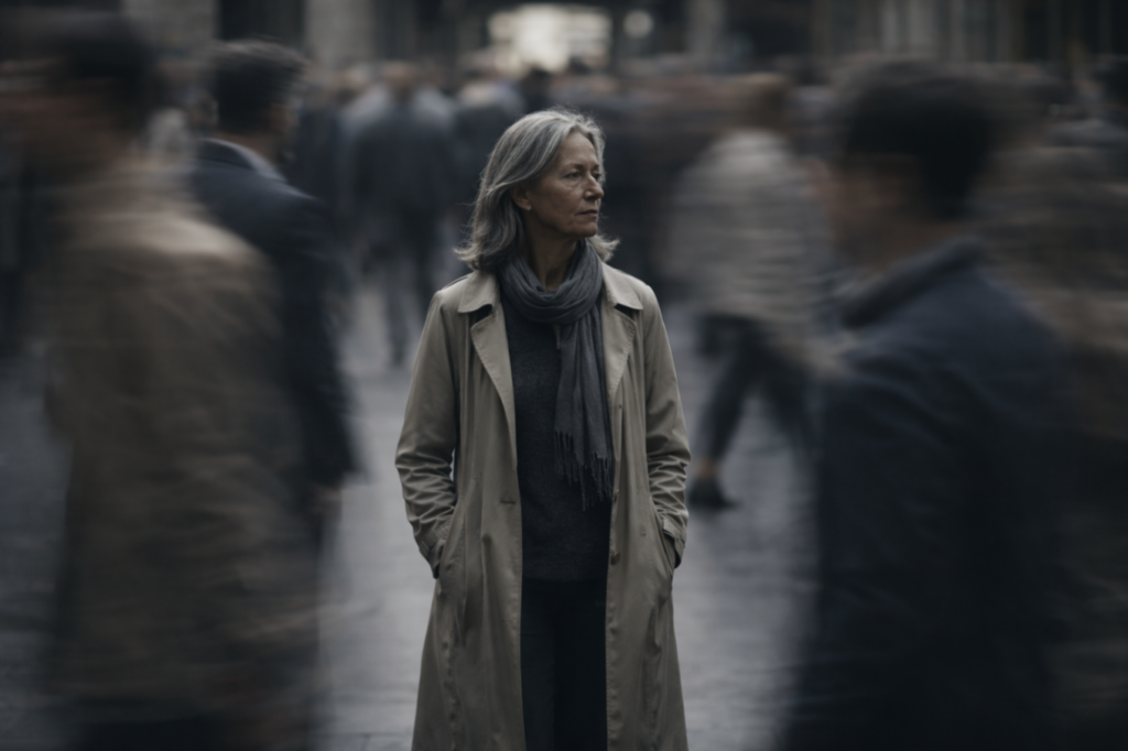 An older woman stands still in an urban crowd while people move quickly around her in motion blur, emphasizing contrast between stillness and constant movement.
