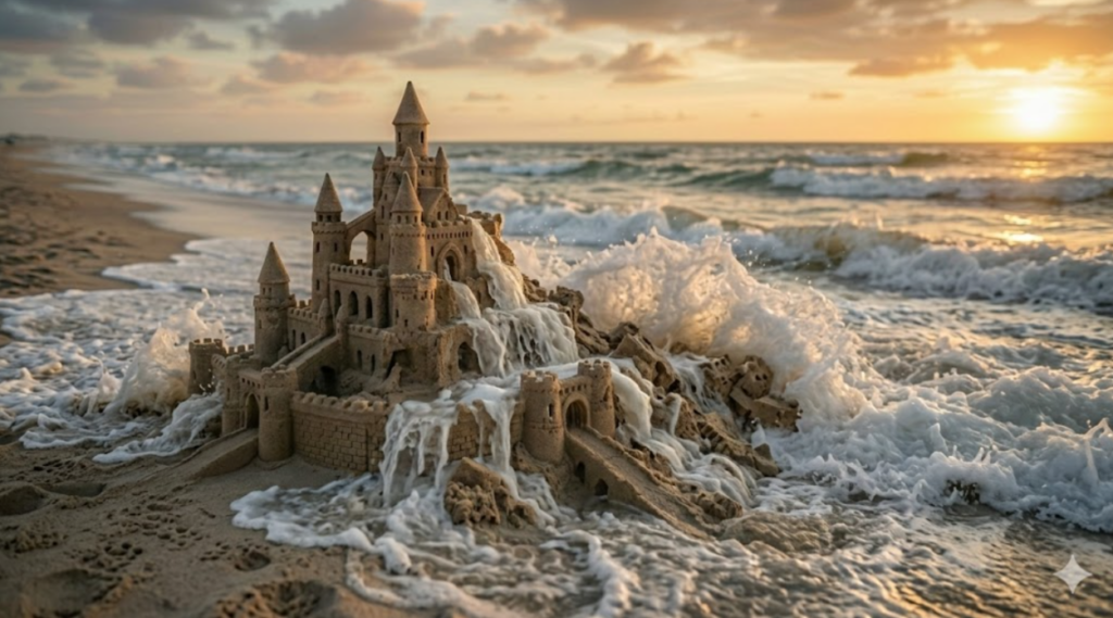 A stunning sandcastle at golden hour, waves crashing in, towers still standing. A powerful visual for nonprofit communicators who know what it feels like to build something strong and watch it soften over time.