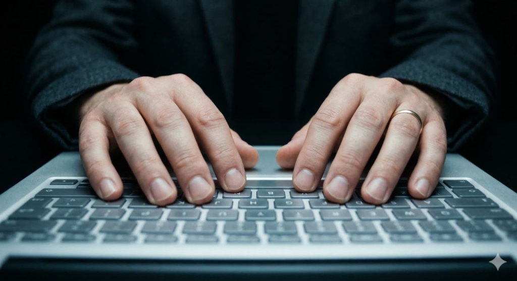 Close-up of hands resting motionless on a laptop keyboard, not typing, in dim light